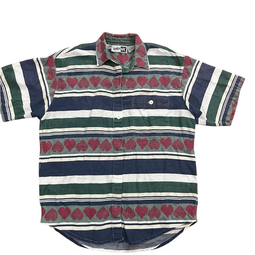 Vintage Krazy Kat button up shirt, hearts and stripes